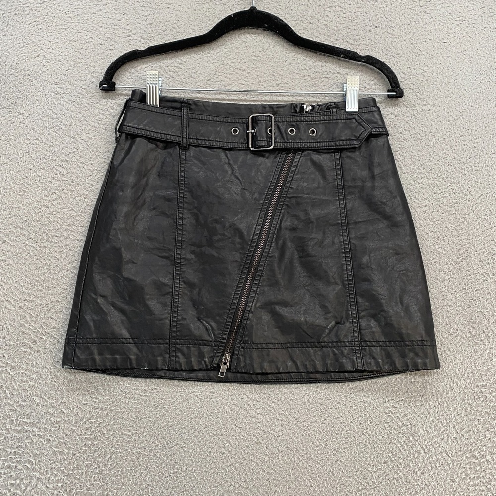 Free People Biker Skirt Womens 2 Moto Grunge 90s Faux Vegan Leather Belted Black